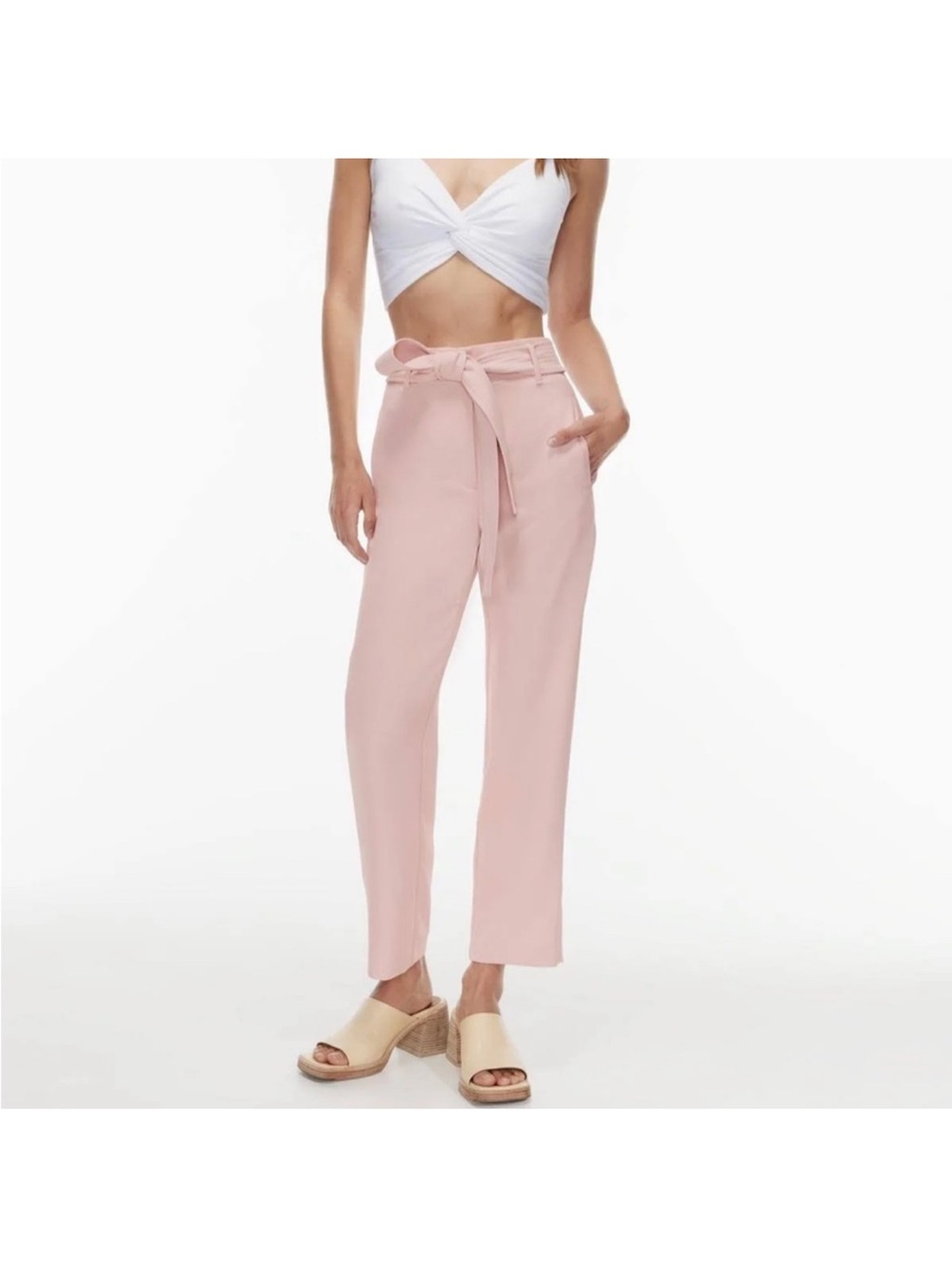 Aritzia Blush Pink High-Rise Paperbag Tie Waist Trousers